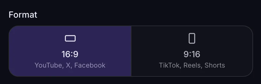 La ligne Format du générateur : 16:9 pour YouTube, X et Facebook, et 9:16 pour TikTok, Reels et Shorts