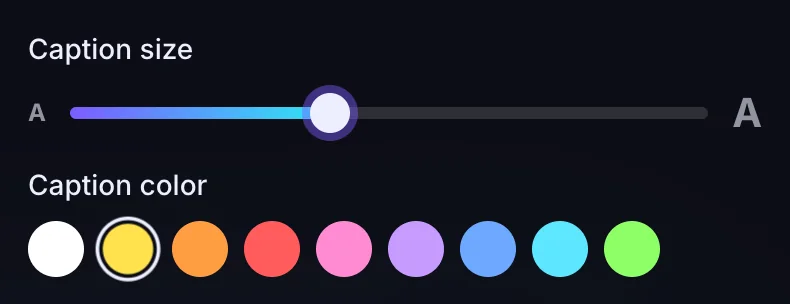 The Caption size slider and the row of caption colors, with yellow selected