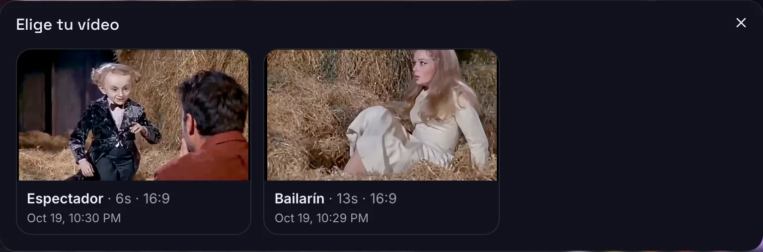 La lista Elige tu vídeo de la herramienta de texto, con dos vídeos del meme de Rumpelstiltskin terminados para elegir