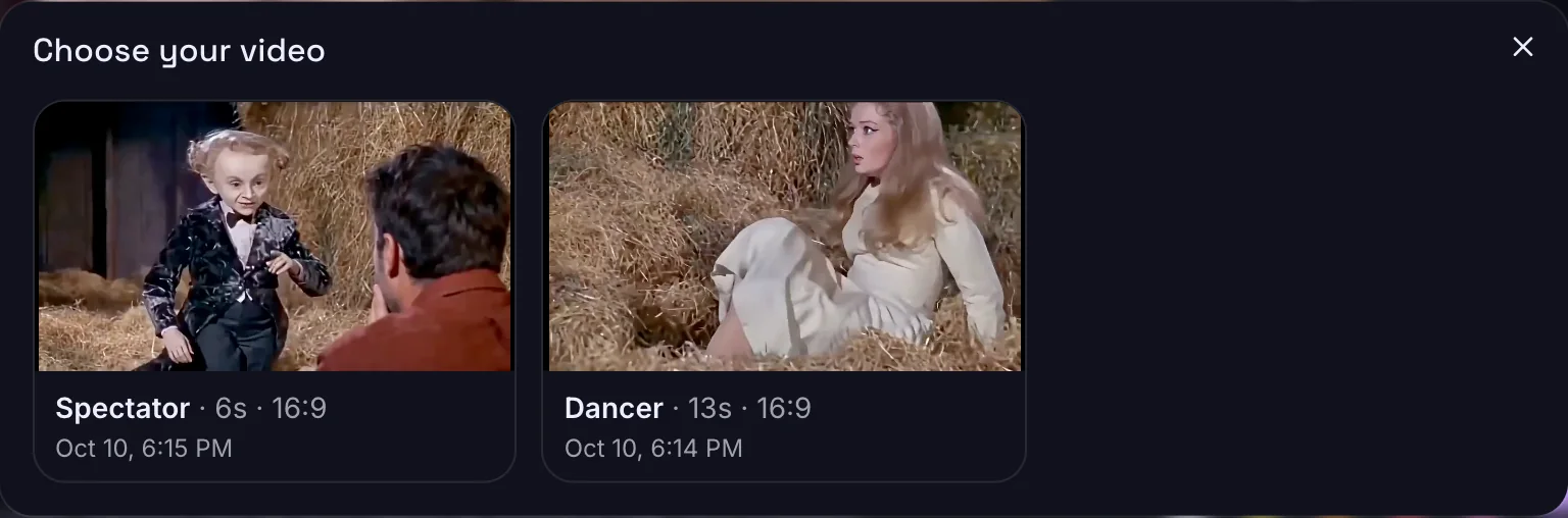 The Choose your video list of the caption tool, with two finished Rumpelstiltskin meme videos to pick from