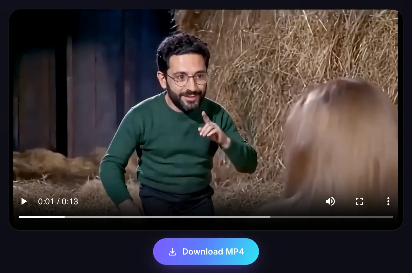 A finished Rumpelstiltskin meme video in the generator, the man from the photo tip-toeing in the barn, with the Download MP4 button under it
