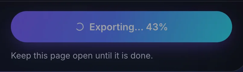 The export button of the caption tool part of the way through an export, over the note Keep this page open until it is done
