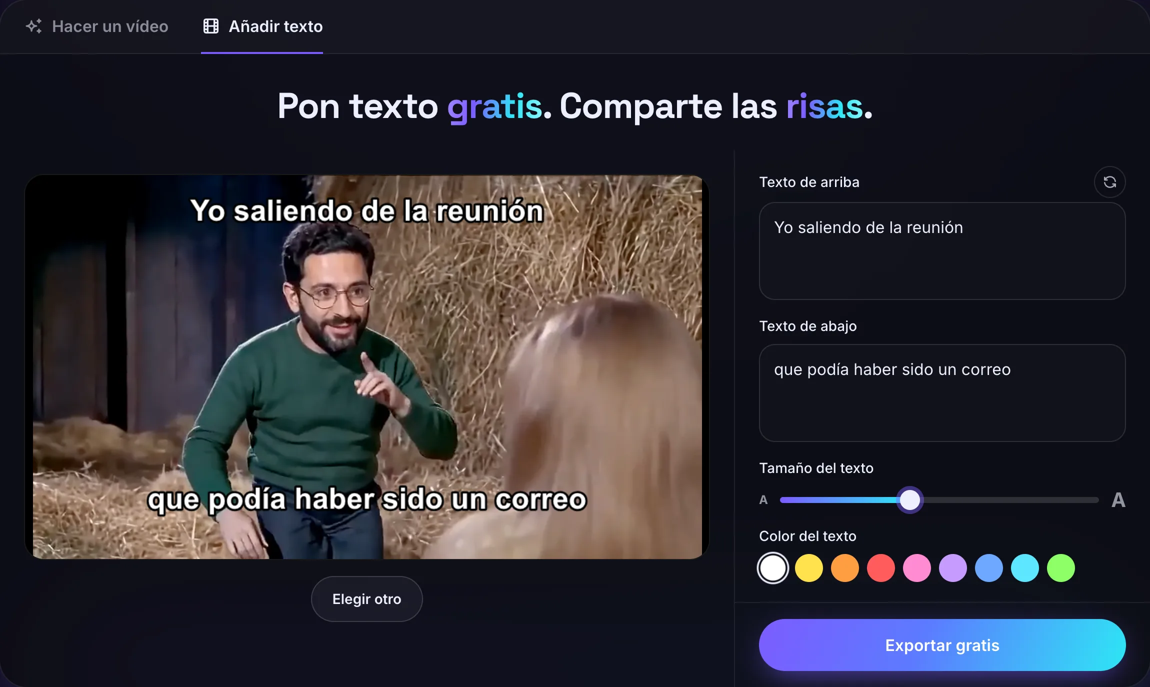 La pestaña Añadir texto del generador del meme de Rumpelstiltskin: un vídeo con un texto arriba y otro abajo, junto a las dos casillas de texto