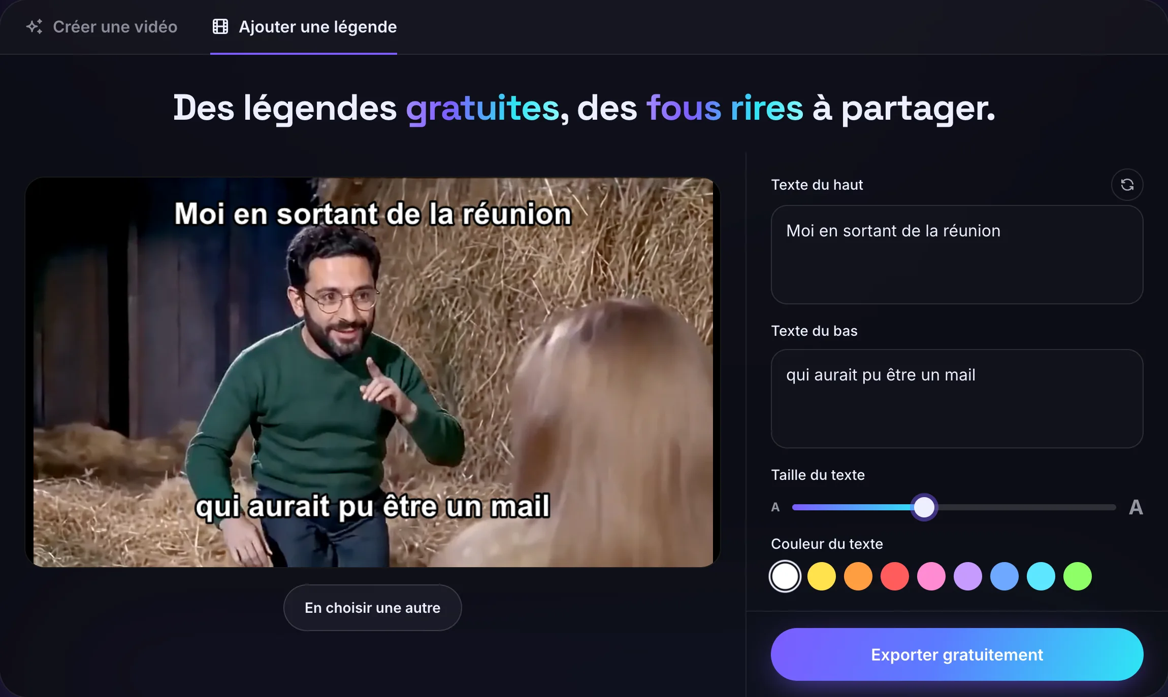 L'onglet Ajouter une légende du générateur du mème Rumpelstiltskin : une vidéo avec un texte en haut et en bas, à côté des deux champs de texte