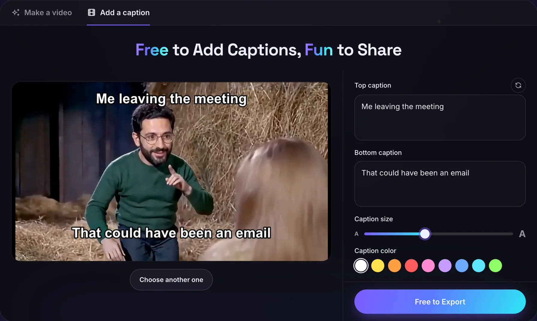 The Add a caption tab of the Rumpelstiltskin meme generator: a video with a top and a bottom caption, next to the two caption boxes